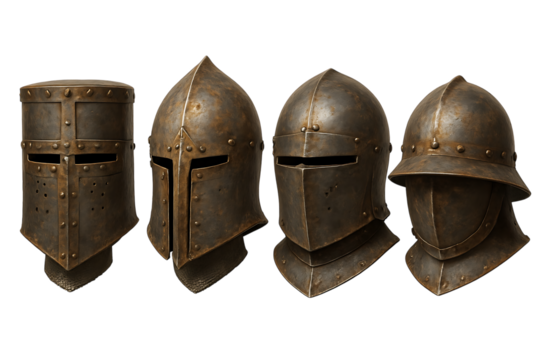 Collection of four medieval knight helmets isolated on transparent background