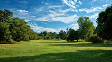 High-quality photo of high-quality photo of open grassy field in a public park, with well-kept grass and a backdrop of mature trees and blue sky.