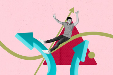 Collage of successful person near large rising arrow or stats symbolizing financial growth business progress motivation