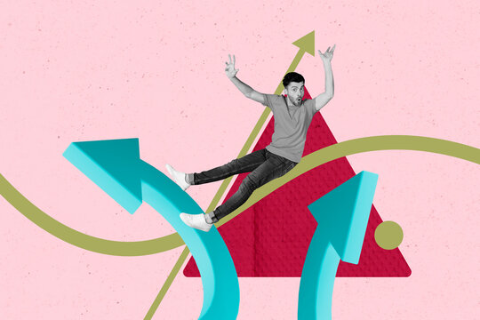 Collage of successful person near large rising arrow or stats symbolizing financial growth business progress motivation - Powered by Adobe