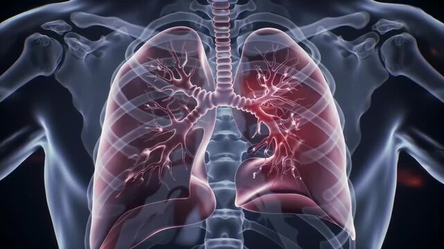 Medical animation of pneumonia. A person in an x-ray, the lungs are slightly darkened, in one of them there is a red area (inflammation), synchronously with a cough