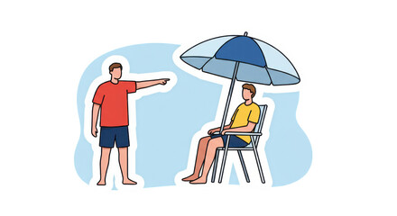 Man Pointing to Person Under Beach Umbrella