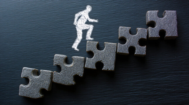 White Figure Ascending Gray Jigsaw Puzzle Staircase