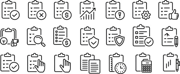 Task and checklist icon set, clipboard outline, planning, report, document analysis, time tracking, business workflow, productivity symbols pack