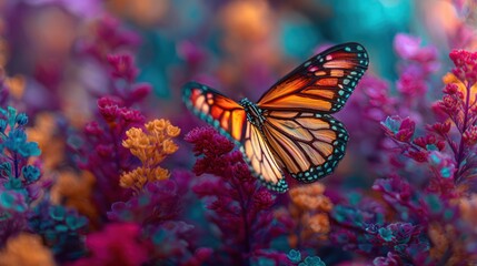 Vibrant monarch butterfly perched atop blurred, colorful flowerbed in ethereal light