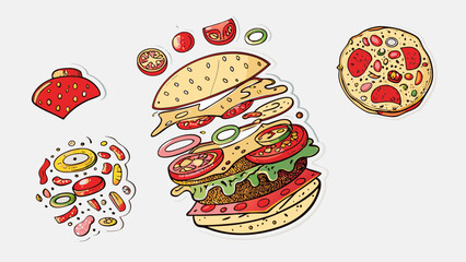 Illustration showing a burger with flying ingredients, a pizza, and a strawberry design element