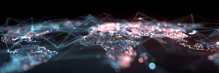 abstract visualization of global network connections glowing lines link floating data nodes across world map futuristic representation of international business and digital communication