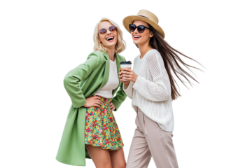 two smilling women with laptop on transparent