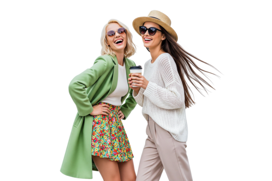 two smilling women with laptop on transparent
