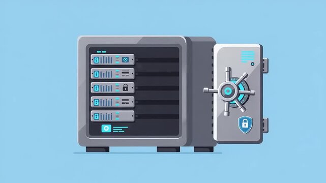 Digital illustration of a secure server vault with multiple server units and a lock symbol on a blue background