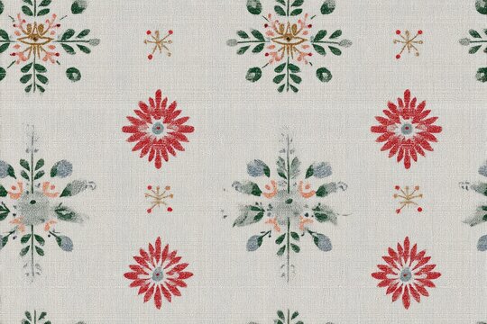 Fabric texture seamless pattern background Folk embroidery motifs on raw-edged linen handcrafted charm with modern simplicity