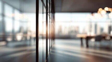 High-quality photo of beautiful blurred background of a light modern office interior with panoramic windows and beautiful lighting.