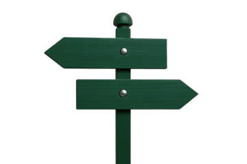 Green wooden directional signpost with two arrows pointing in opposite directions isolated on transparent background
