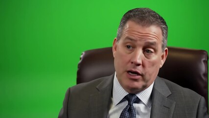 Mature businessman in a suit and tie talking during an interview against a chroma key green screen. - Powered by Adobe