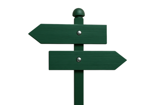 Green wooden directional signpost with two arrows pointing in opposite directions isolated on transparent background