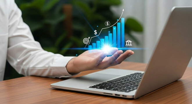 Person presenting financial growth chart and business icons with laptop