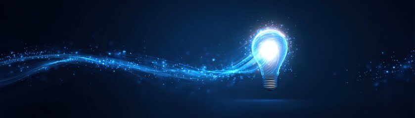 A glowing light bulb emits a bright, swirling trail of sparkling blue light particles against a dark background, symbolizing innovation and creative energy.