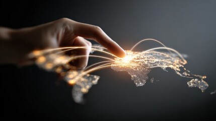 A hand touches a glowing digital world map, symbolizing global connectivity and communication through technology.