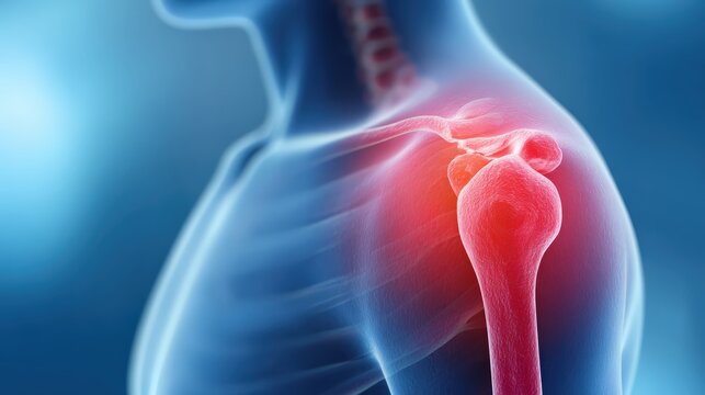 A detailed digital illustration showing inflammation in the human shoulder joint highlighted in red against a blue anatomical background.