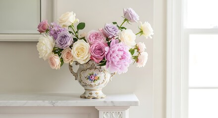 Obraz premium A vibrant display of colorful flowers in a decorative vase, placed elegantly on a marble surface