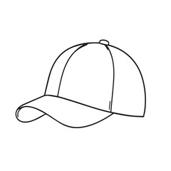 A simple black and white line drawing of a baseball cap isolated on white background