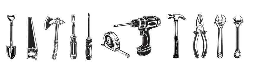 silhouette, tools, hand tools, hardware, carpentry, construction, equipment, repair, diy, shovel, saw, axe, screwdriver, tape measure, drill, hammer, pliers, wrench, spanner, vector, illustration, 