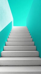 Ascending concrete staircase leading upward against a vibrant turquoise and white geometric wall, symbolizing progress, growth, and architectural minimalism.