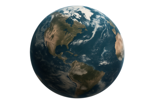 Realistic earth globe showing north and south america isolated on transparent background