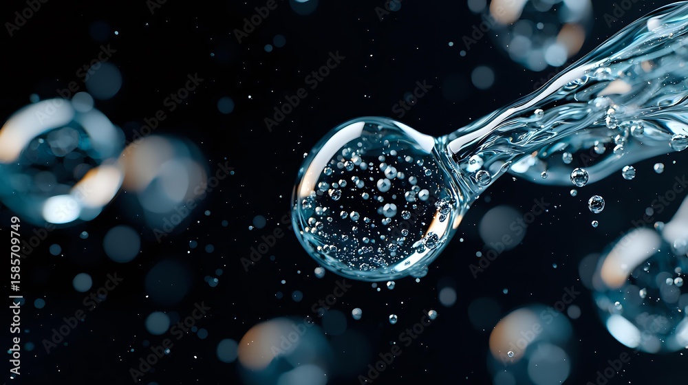 Poster macro photography of water drop with air bubbles inside against dark background with bokeh effect cr