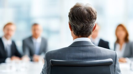 A professional man, seen from behind, sits at a conference table facing three blurred colleagues during a business meeting or interview.