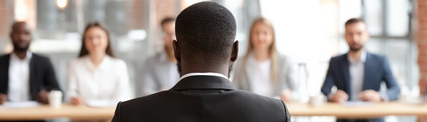 A person in a suit faces a panel of four interviewers during a formal job interview in a bright, modern office setting.