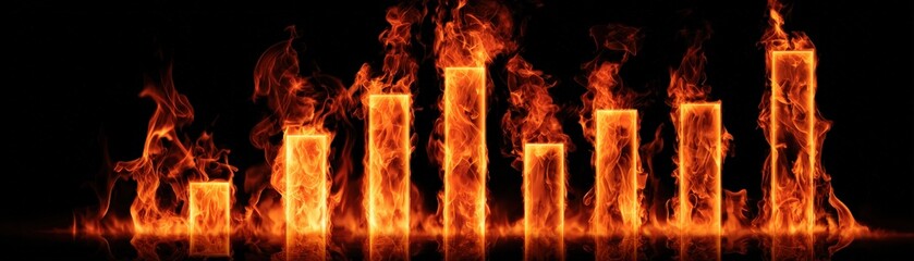A fiery bar graph with flames engulfing each bar, symbolizing intense data, heat, or energy.
