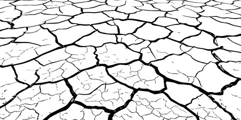 A stark, high-contrast, black and white close-up of severely cracked earth, showing a network of deep fissures and irregular polygons. The texture emphasizes the dryness and desolation of the ground.