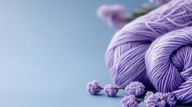 Soft purple yarn balls and crochet elements on pastel blue background, selective focus with copy space for crafting and knitting projects.