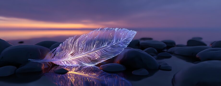 Glowing transparent feather rests on dark stones at sunset, creating magical atmosphere with purple and orange sky reflecting on beach rocks.