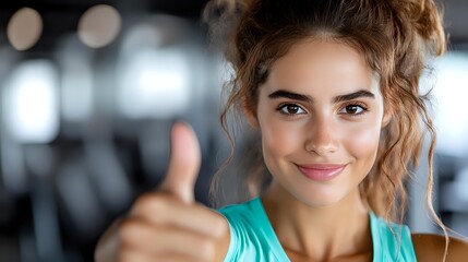 Young Hispanic woman in turquoise top showing thumbs up with positive expression and messy bun hairstyle against blurred office background. Success concept.