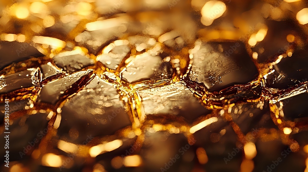 Poster macro shot of golden metallic surface with geometric patterns and bokeh light effects creating luxur