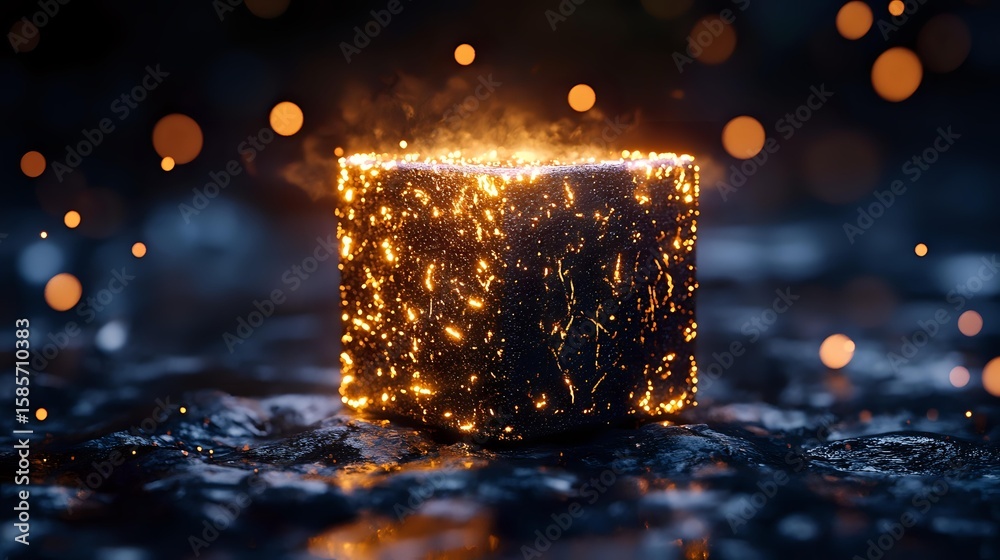 Poster glowing golden cube with magical sparkles and light particles floating in dark atmospheric setting w