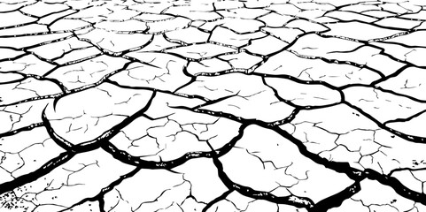  A stark, high-contrast, black and white close-up of parched, cracked earth, illustrating severe drought and environmental degradation. The cracks extend towards a vanishing point