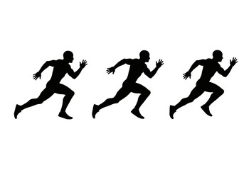 Fototapeta premium Three silhouetted male athletes in full stride, captured in motion against a clean white background, representing speed and competition.