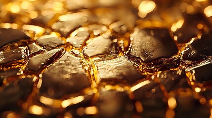 Macro shot of golden metallic surface with geometric patterns and bokeh light effects creating luxurious abstract background with warm amber glow and reflective texture.