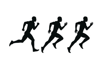 A dynamic silhouette of three male runners in motion, showcasing speed and athleticism against a clean white background, perfect for sports and fitness themes.