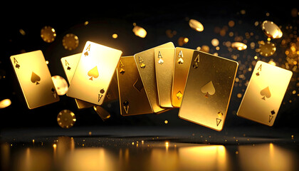 Golden Aces Playing Cards with Casino Chips on Black Background
