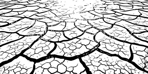  A stark, high-contrast, black and white close-up of parched, cracked earth, illustrating severe drought and environmental degradation. The cracks extend towards a vanishing point