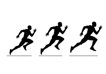 Three stylized silhouettes of runners in a sprint, captured in dynamic poses, showcasing movement and athleticism against a stark white background.