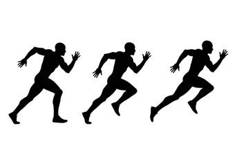Fototapeta premium A series of black silhouette illustrations depict a male athlete in motion, showcasing speed and the essence of running in a dynamic sequence.
