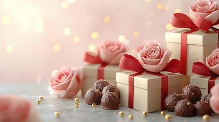 Pink roses and cream gift boxes with red ribbons arranged with chocolate truffles on glittering surface against soft bokeh background. Romantic holiday composition.