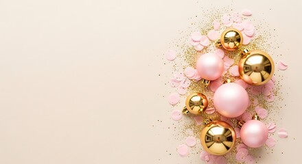Pink and gold christmas ornaments with glitter on a beige background