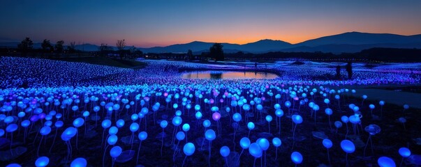 A stunning twilight landscape featuring thousands of glowing blue LED flowers illuminating a vast field with distant mountains and a serene lake.