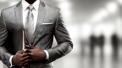 Professional man in sleek gray suit and striped tie holding folder in blurred office corridor background suggesting readiness and confidence